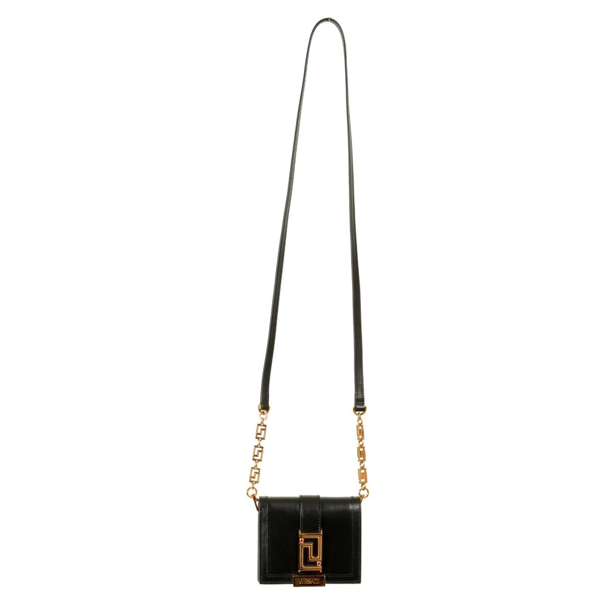 Versace Women`s Black Leather Gold Color Logo Wallet Detachable Strap