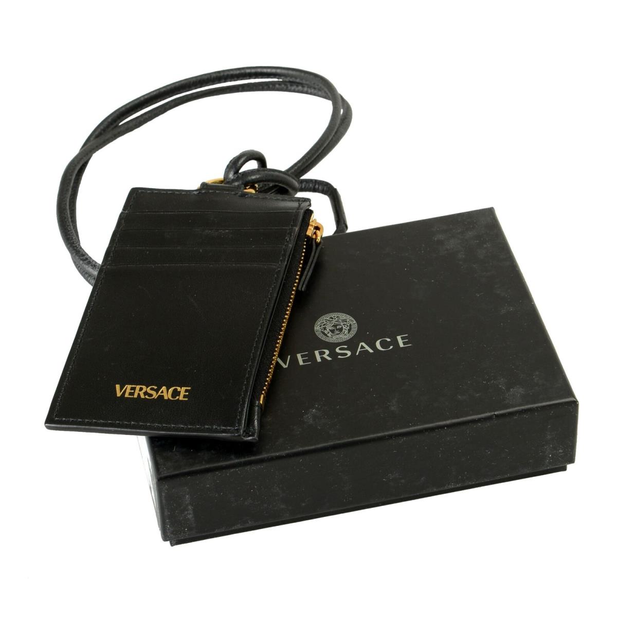 Versace Black Gold Tone Medusa Head Leather Card Case Wallet
