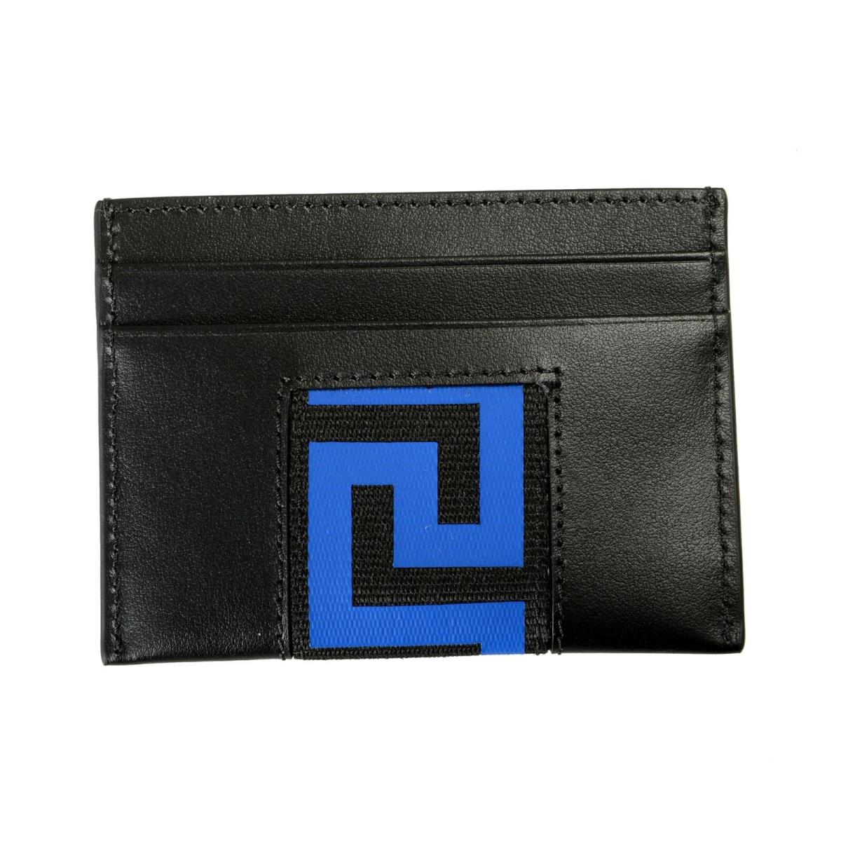 Versace Black Blue Greeca Leather Card Case Holder
