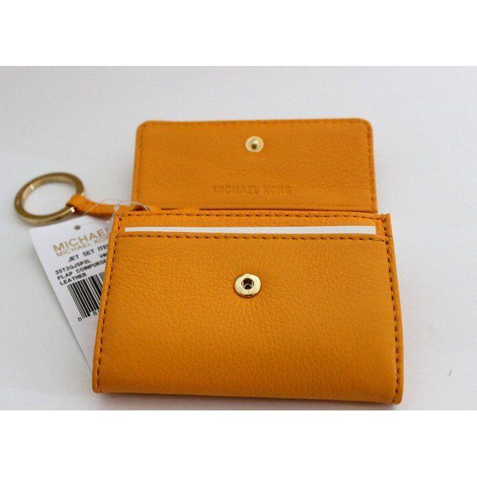 Michael Kors Jet Set Item Flap Vintage Yellow Leather Coin Purse Key Ring Wallet