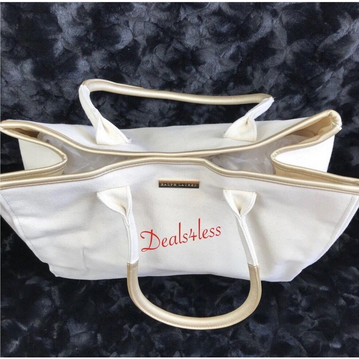 Ralph Lauren Tote Bag Canvas Purse Beach Shoulder Bag Gold Cream Holdall