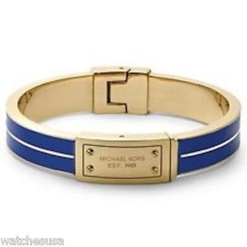 Michael Kors Gold Tone Blue Enamel Logo Plaque Hinge Bangle Bracelet MKJ3439