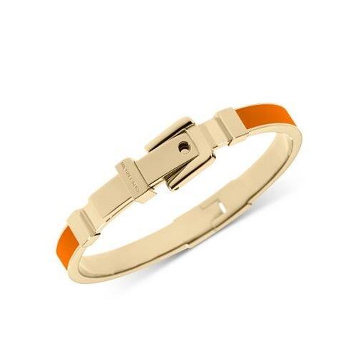 Michael Kors Gold Tone+orange Narrow Hinge Belt Buckle Bangle Bracelet MKJ1759