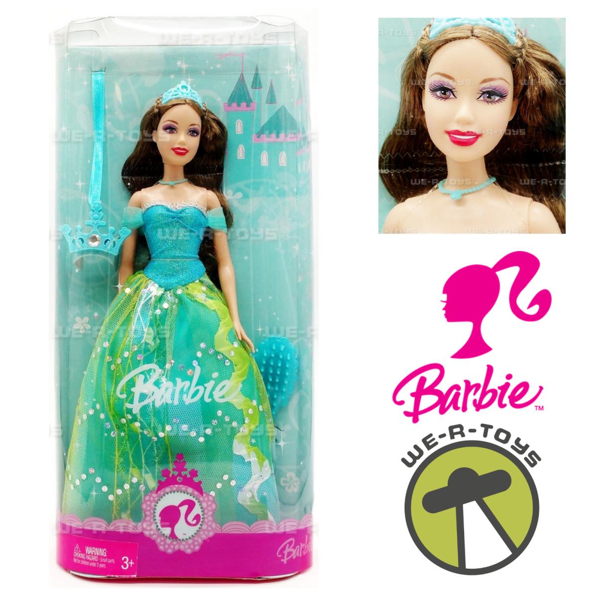 Barbie Princess Doll Brunette Green Dress 2007 Mattel M4981