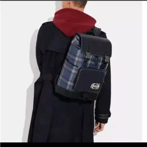 Coach Men s CH102 Track Backpack with Plaid Print Coach Stamp Navy Bag