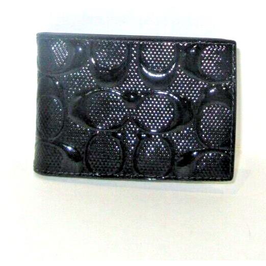 Coach CV423 C Signature Black Patent Leather Compact Bifold Wallet