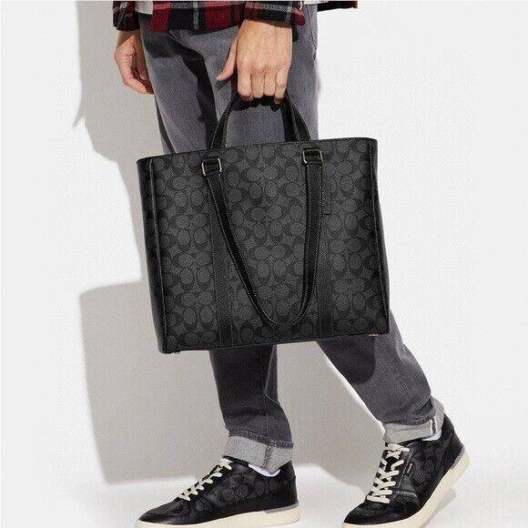 Coach CB849 Hudson Double Handle Tote Signature Canvas Leather Charcoal Black