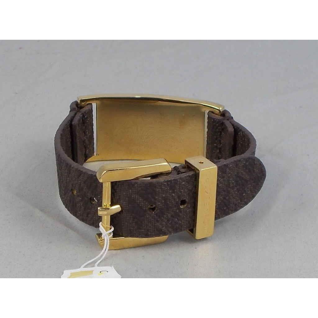 Michael Kors Gold Tone Plaque+mk Brown Saffiano Buckle Bracelet MKJ3854