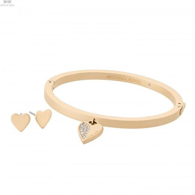 Michael Kors Gold Tone Set OF 2 Hing Bracelet+heart Pave Stud Earrings MKJ5937