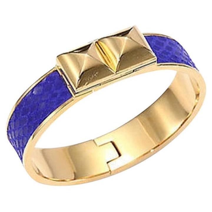 Michael Kors Gold+blue Python Leather+pyramid Stud Bangle Bracelet MKJ2891