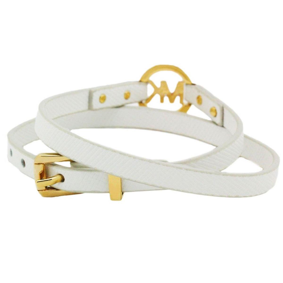 Michael Kors Gold Tone Pave Logo Double Wrap Off White Leather Bracelet MKJ3853