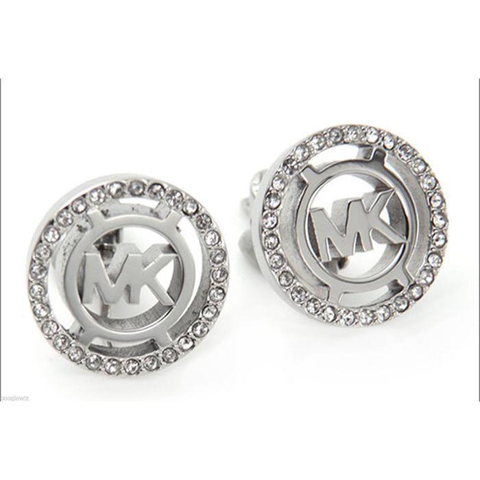 Michael Kors Silver Tone Pave Crystal MK Logo Clip ON EARRINGS-MKJ4084