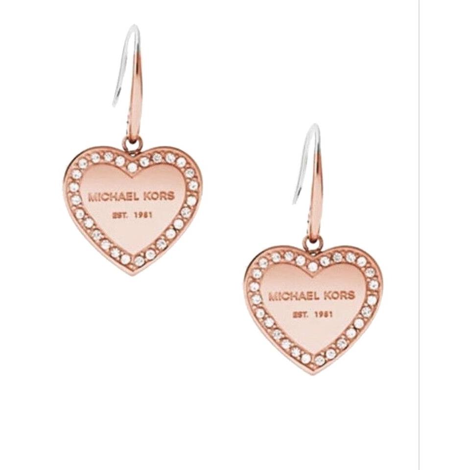 Michael Kors Rose Gold Tone Crystals Trim Heart Shaped Drop Earrings MKJ5397