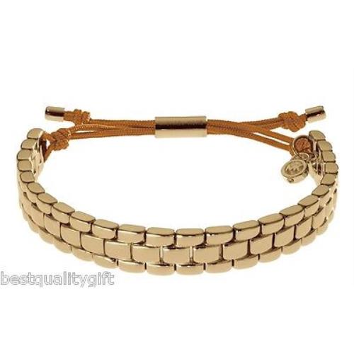 New-michael Kors Gold Tone Watch Links+silk Adjustable Tan Rope Bracelet MKJ2017