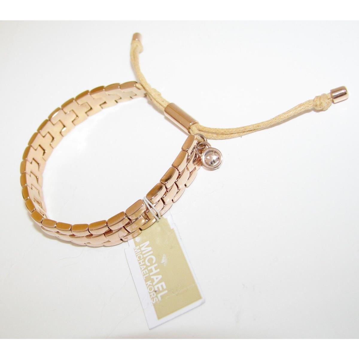 New-michael Kors Rose Gold Watch Links+silk Adjustable Tan Rope Bracelet MKJ2052