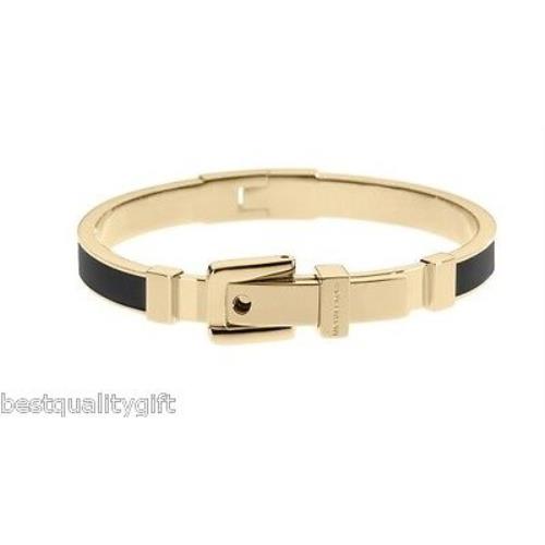 Michael Kors Gold Tone+black Enamel Hinge Belt Buckle Bangle Bracelet MKJ1765