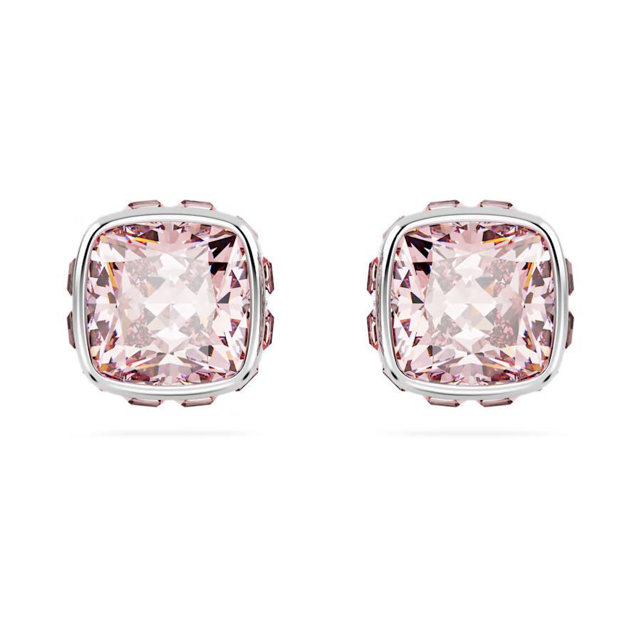 Swarovski Birthstone Stud Earrings Square Cut June Pink Rhodium Plated 5660799