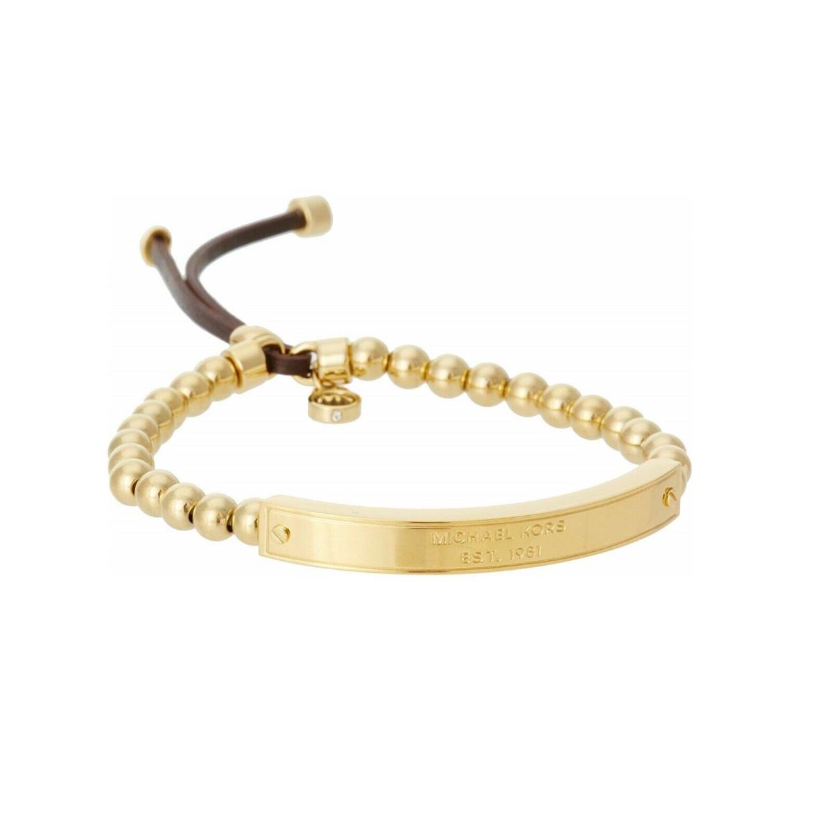 Michael Kors Gold Tone S/steel Logo Plaque Stretch Beads Charm Bracelet MKJ3343
