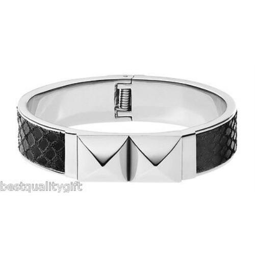Michael Kors Silver+black Python Leather+pyramid Stud Bangle Bracelet MKJ2974