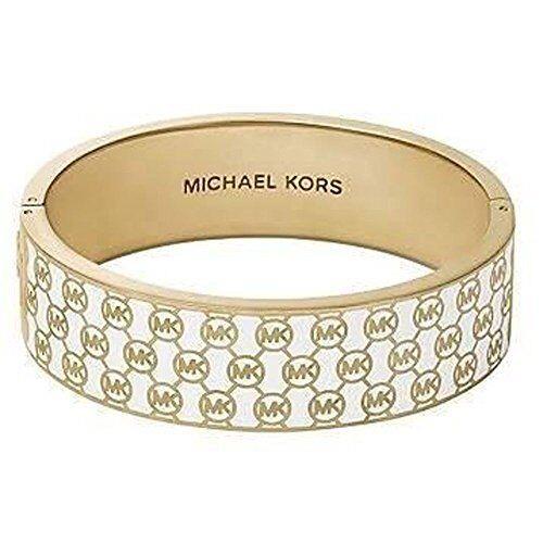 Michael Kors Gold Tone White Monogram Hinge Bangle Bracelet MKJ3542
