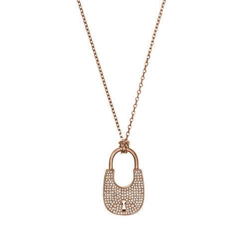 Michael Kors Rose Gold Tone Clear Pave Padlock Charm Chain Necklace MKJ4894