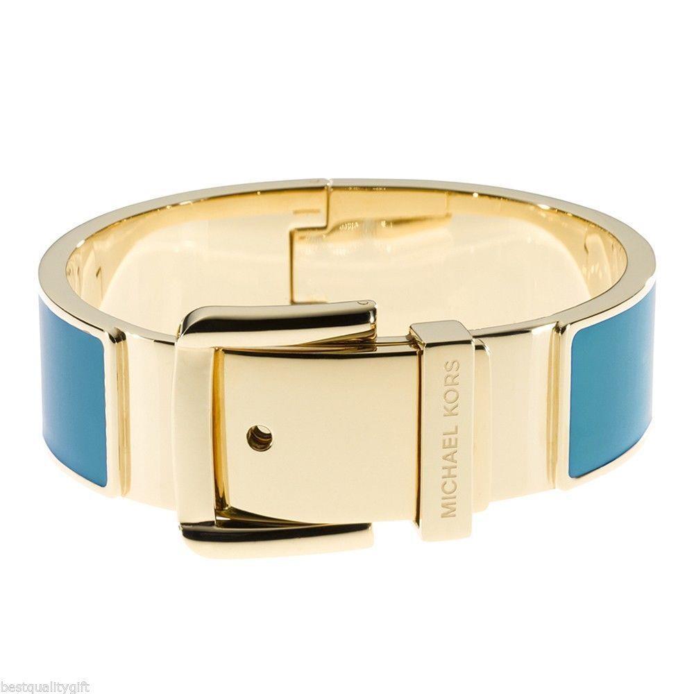 New-michael Kors Gold Tone Wide Blue Enamel Hinge Belt Buckle Bangle Bracelet