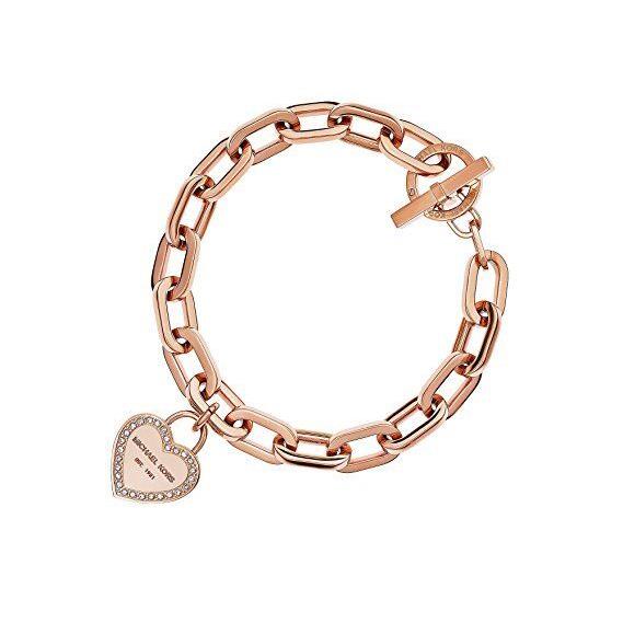 Michael Kors Rose Gold Tone Crystal Trim Heart Chain Charm Bracelet MKJ5394