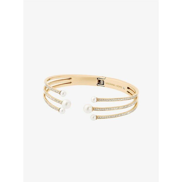 Michael Kors Gold Tone Crystals Pave White Pearl Open Cuff Bangle MKJ6297