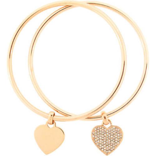 Michael Kors 2 PC Set Rose Gold Tone Crystal Heart Charm Bangle Bracelet MKJ3002