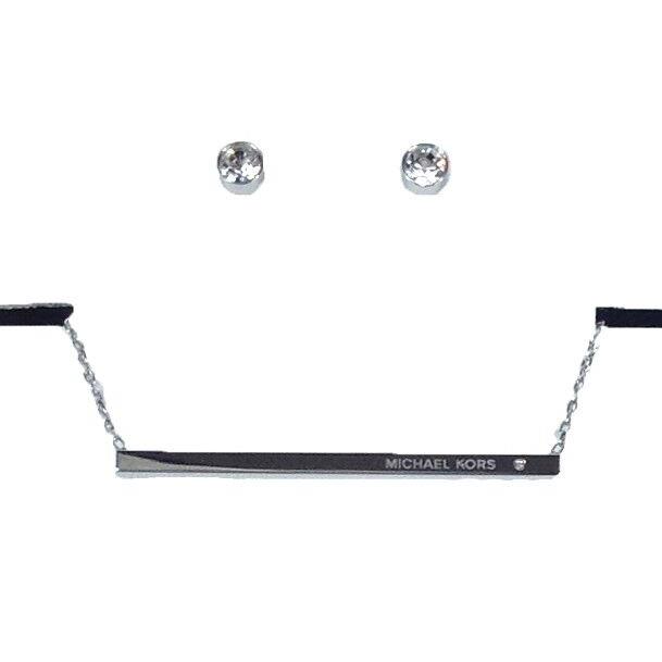 Michael Kors Silver Tone Set OF 2 Bar Charm Necklace+cz Stud Earring MKJ4676
