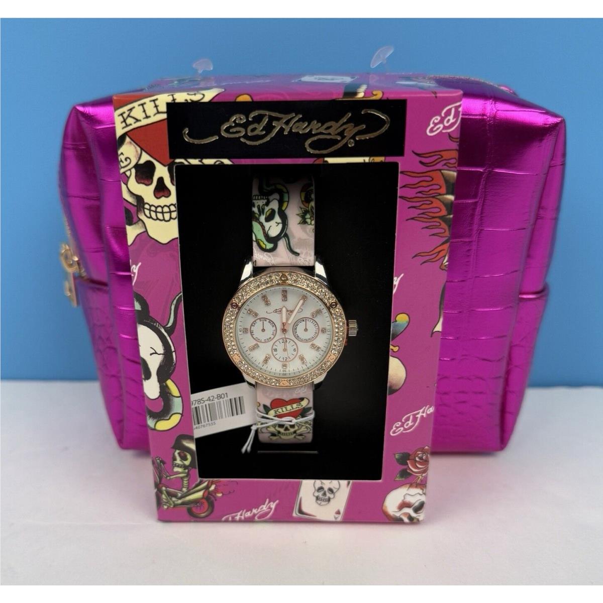 Ed Hardy Women`s Watch Pink Cosmetic Makeup Pouch Gift Set