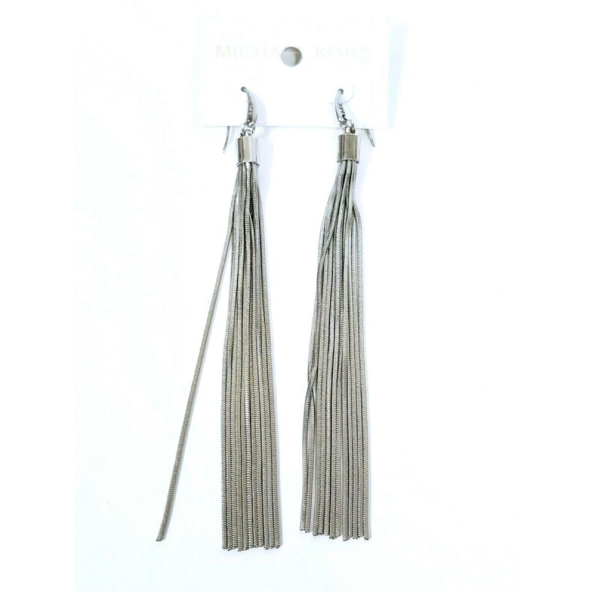 Michael Kors Silver Tone Long Tassel Fringed Chains Hook Earrings MKJ1414