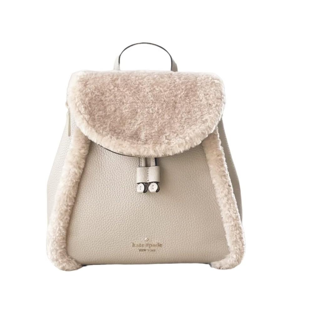 New Kate Spade K9398 Leila Flap Backpack with Shearling in Light Sand