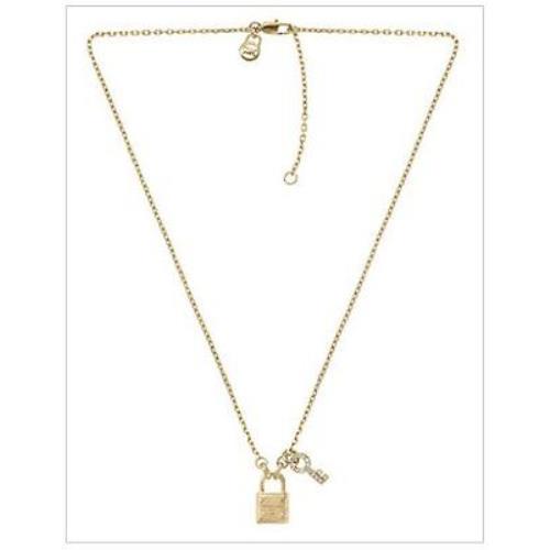 New-michael Kors Gold Tone Crystal Pave Padlock Key Pendant Necklace MKJ3034