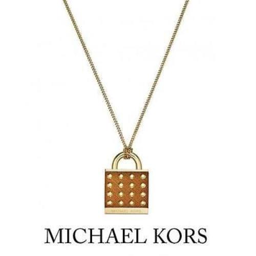 Michael Kors Gold+brown Tone Large Stud Padlock Pendant Necklace Chain MKJ4297