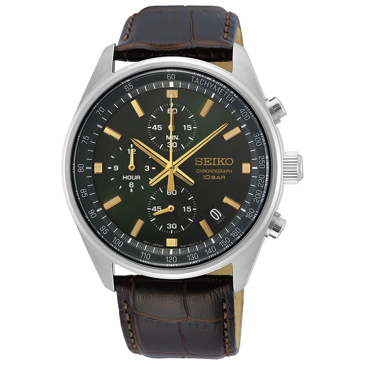 SSB385P1 Men`s Chronograph Stainless Green Dial Leather 100m WR SSB385 by Seiko