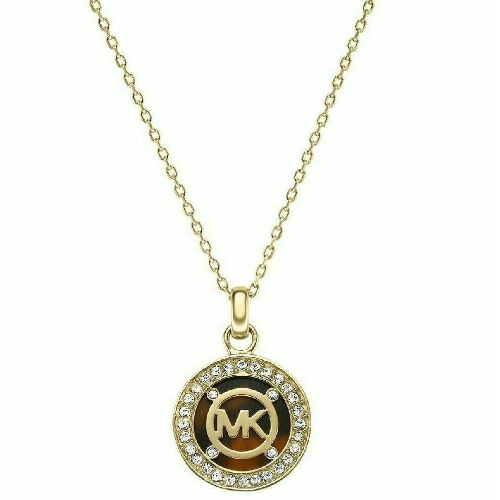 Michael Kors Gold Chain Crystal Pave Disk+tortoise Charm Necklace MKJ4101