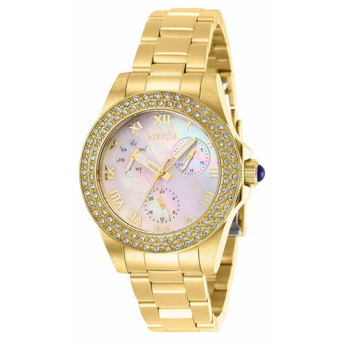 Invicta Angel Women`s 34mm Mop Dial Crystal Bezel Gold SS Case Chronograph Watch