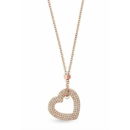 Michael Kors Rose Gold Tone Chain+heart Charm Crystals Long Necklace MKJ6382
