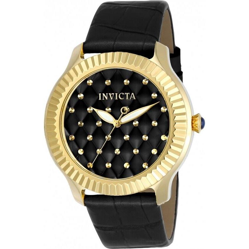 Invicta Angel Lady`s Watch 22563 Gold Steel Black Leather Quartz 100m Waterp