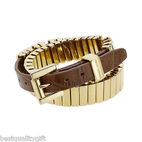Michael Kors Gold+brown Croc Leather Wrap Around Bracelet+belt Buckle MKJ1070