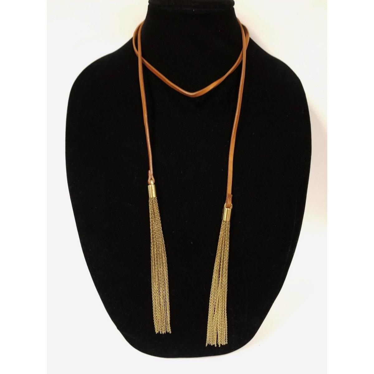 Michael Kors Luggage Brown Leather+polished Gold Tassel Long Necklace MKJ2055