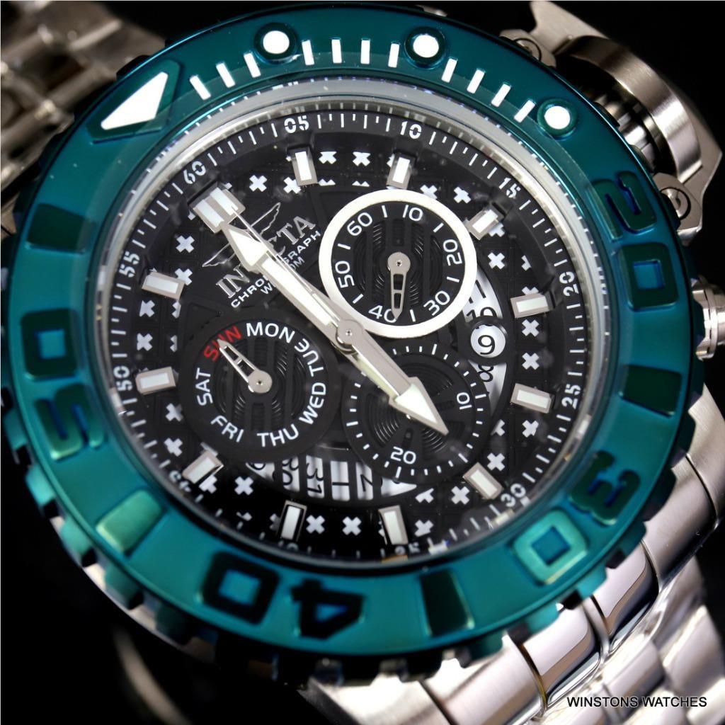 Invicta Sea Hunter II 70mm Black Chronograph Green Swiss Mvt Steel Watch