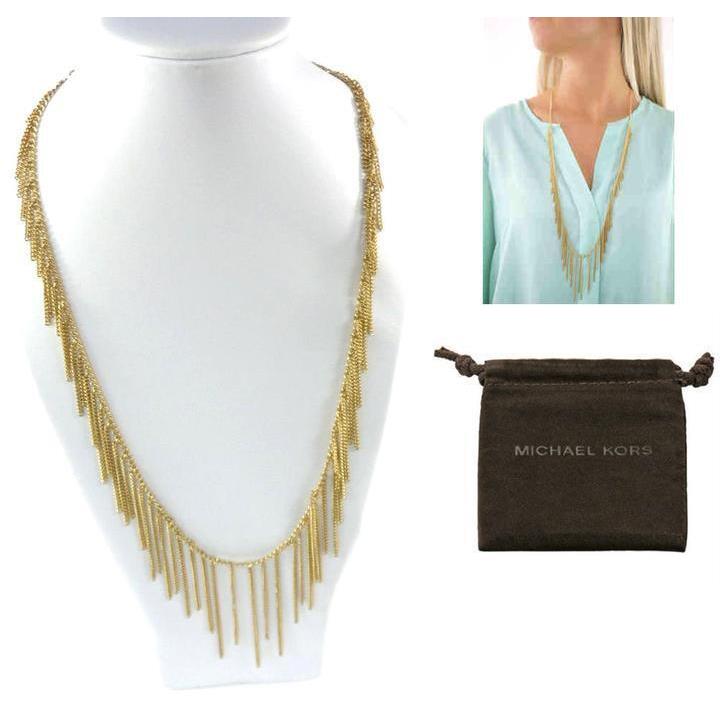 Michael Kors Gold Tone Adjustable Drape Fringe Statement Necklace MKJ5793