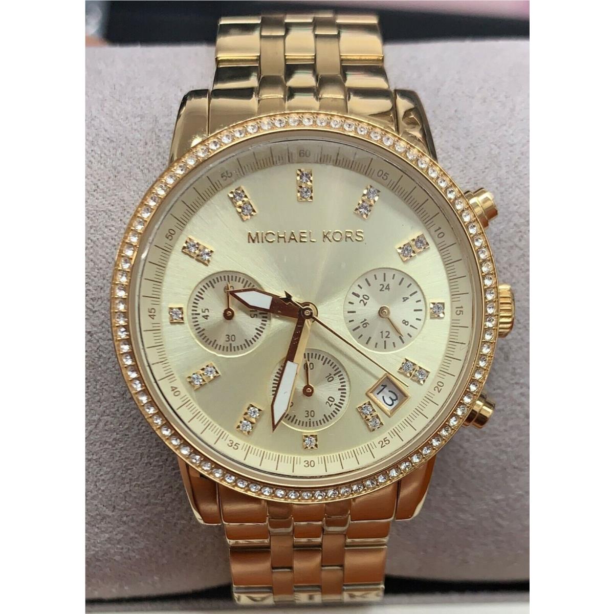 Michael Kors Gold Tone S/steel Chronograph+crystals Glitz WATCH-MK5698+BOX