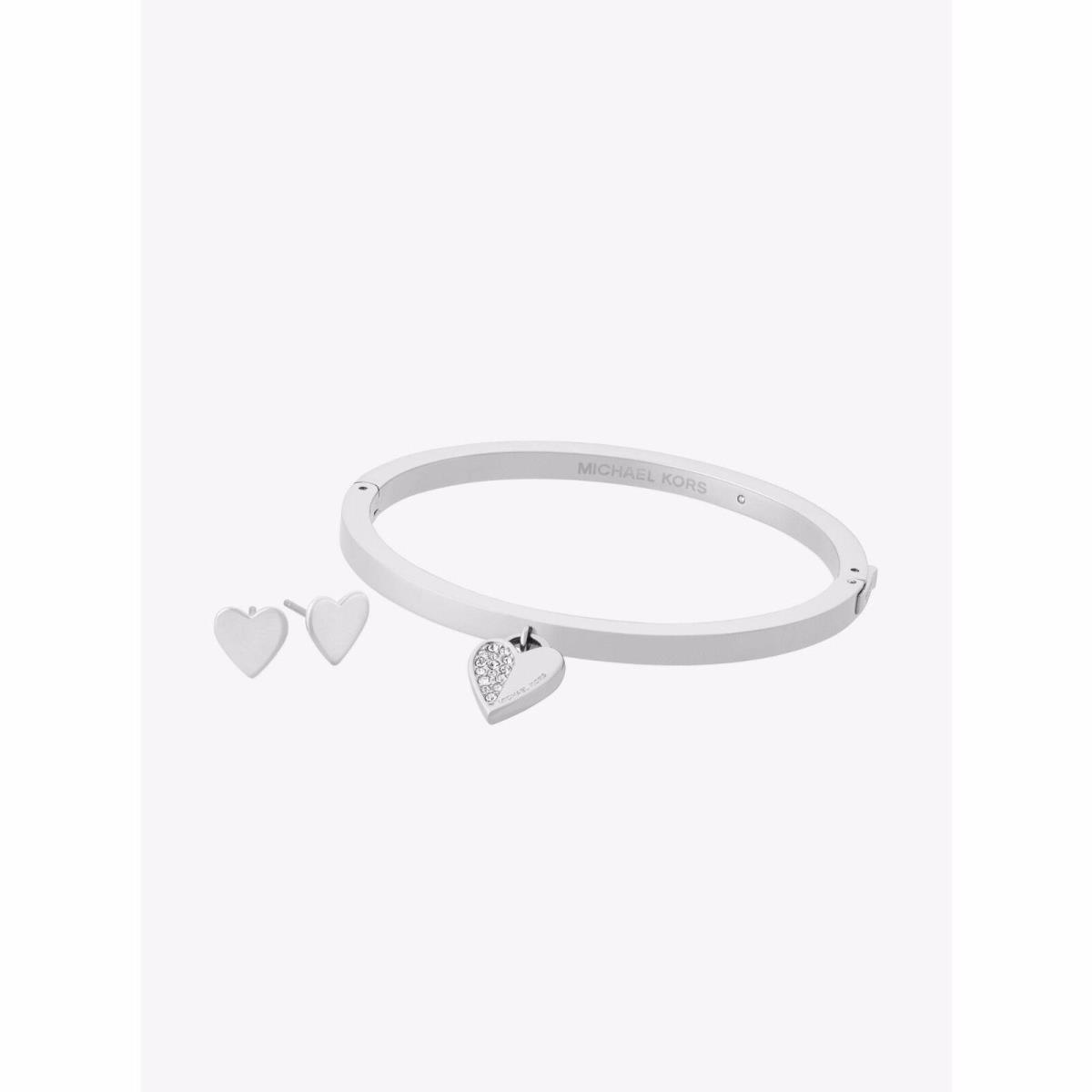 Michael Kors Silver Tone Set OF 2 Hing Bracelet+heart Pave Stud Earrings MKJ5938