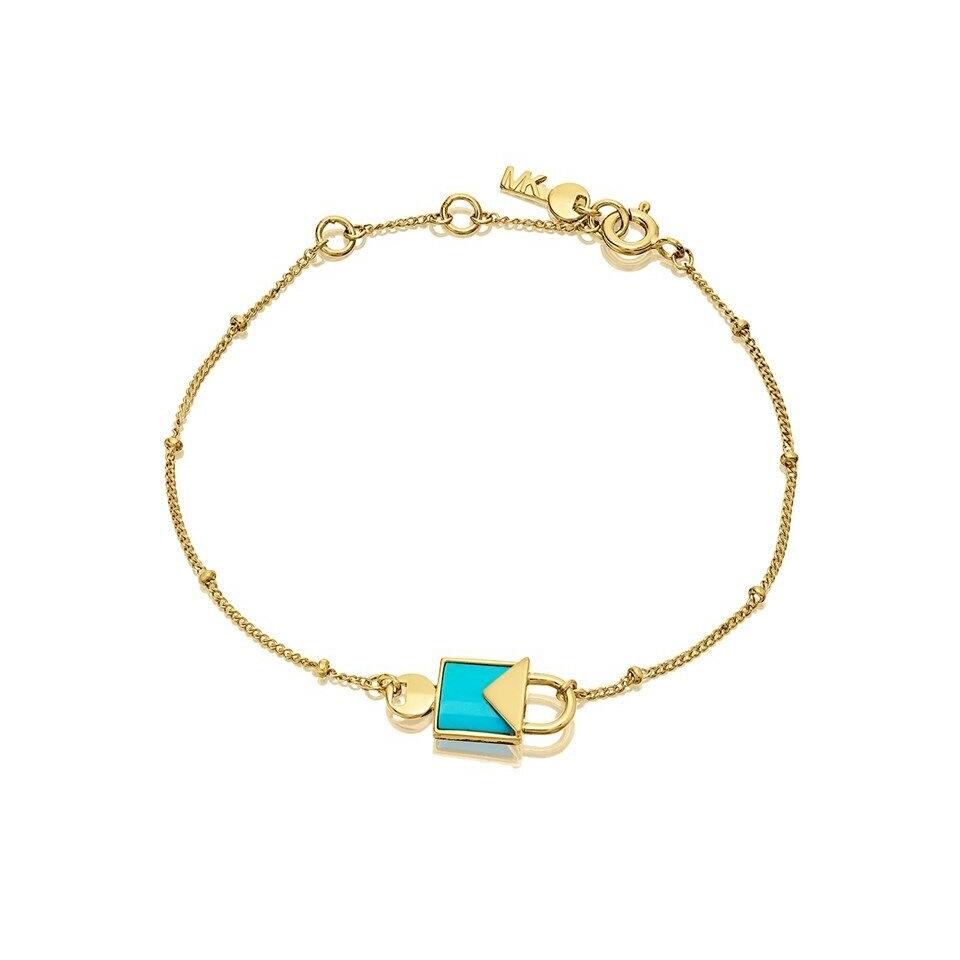 Michael Kors Gold Plated Chain+blue Semi Precious Padlock Key Charm Bracelet