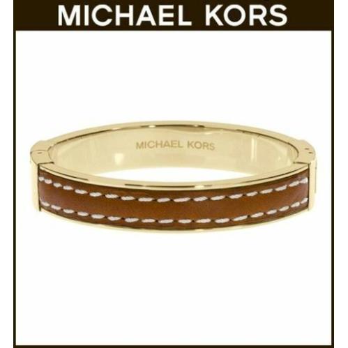 Michael Kors Gold Tone Metal+luggage Brown Leather Bangle Bracelet MKJ2062