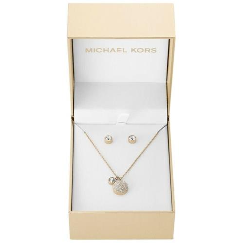 Michael Kors Gold Tone CZ Set OF 2 Stud Earrings+chain Dome Necklace MKJ5942