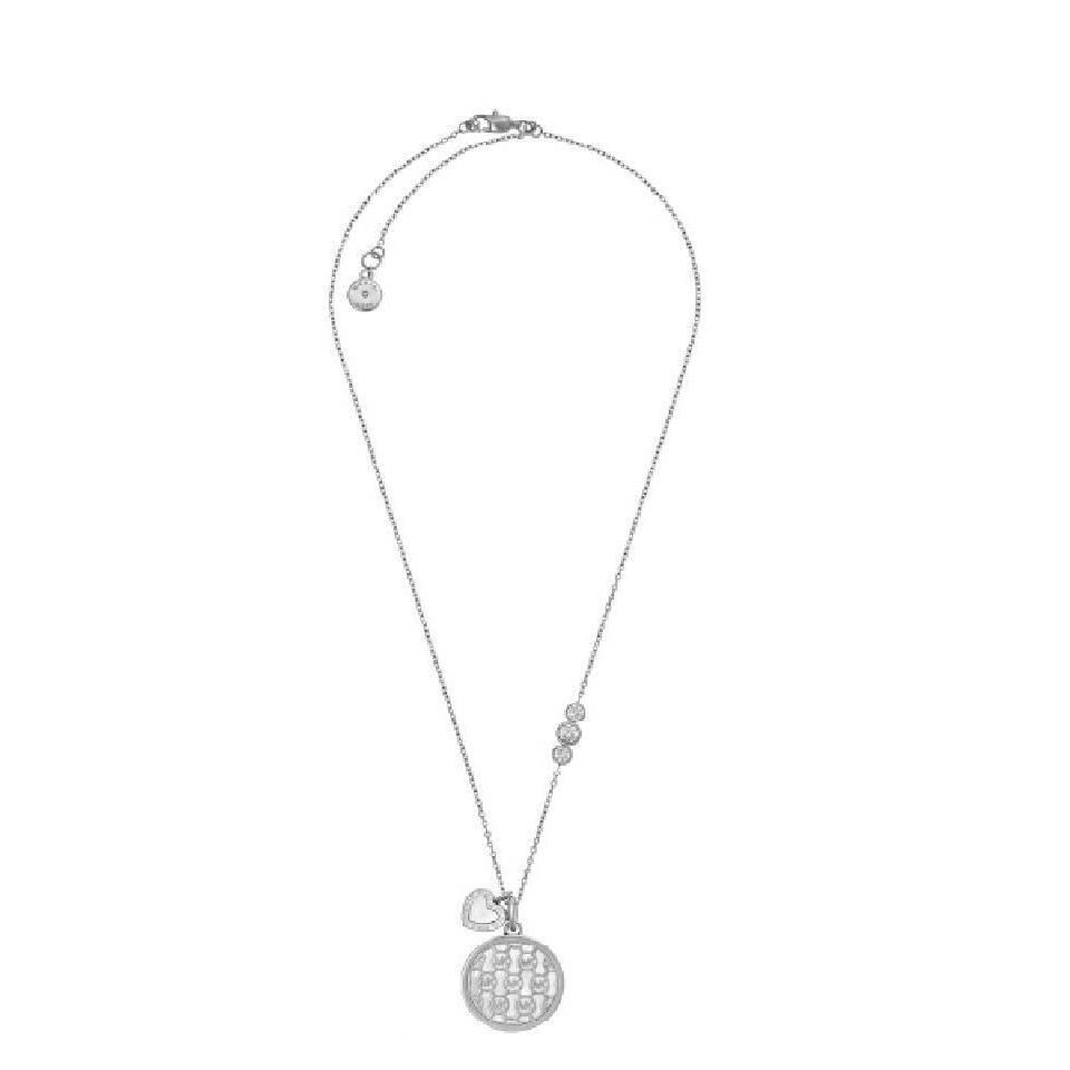 Michael Kors Silver Tone MK Monogram Heart Charm Mop Crystals Necklace MKJ5640